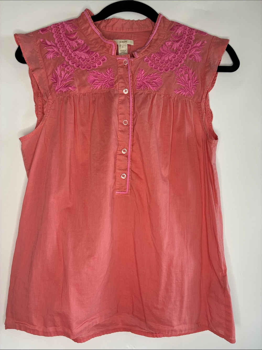 J. Crew Coral Pink Embroidered Button-Front Sleeveless Top